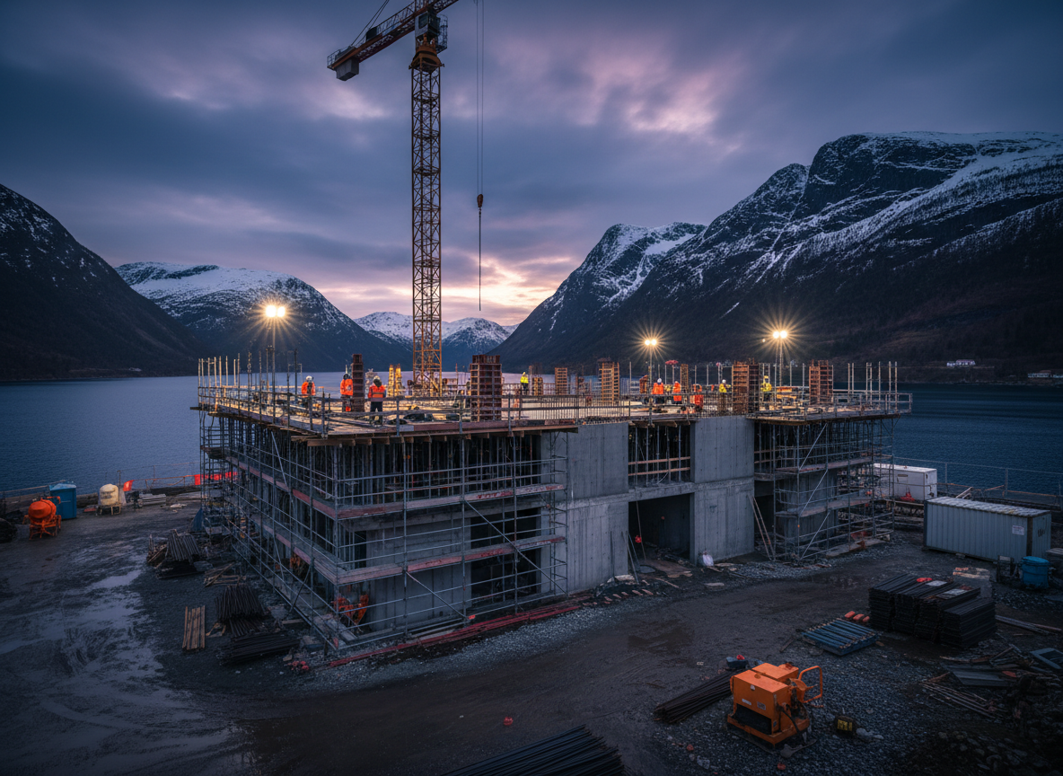 A dramatic Norwegian construction site at dusk, with steel scaffolding, concrete structures, and construction workers in safety vests and helmets. Modern building under construction in Norway, industrial atmosphere, high quality, cinematic wide angle shot suitable for a hero background image.