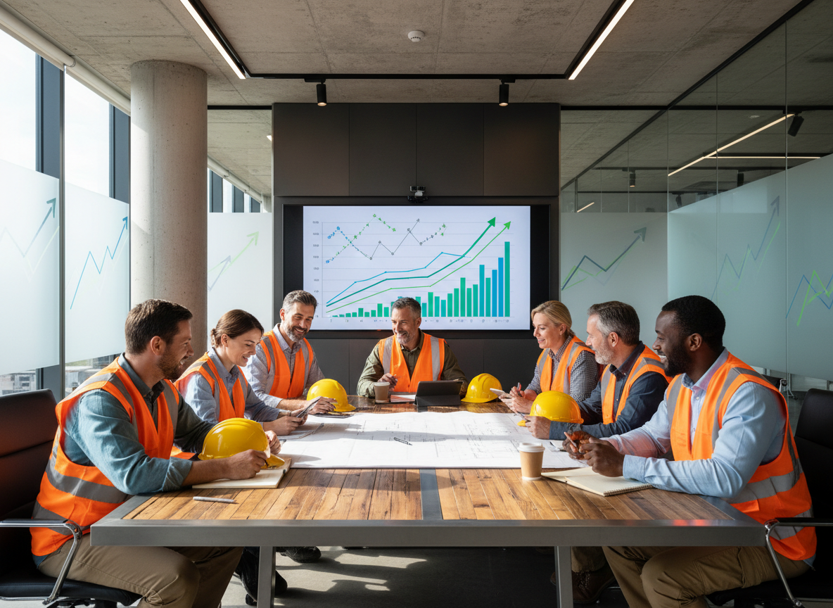 Team of construction workers in safety vests and hard hats gathered around a table in a modern office, reviewing project blueprints and analytics displayed on a screen behind them, demonstrating collaborative performance analysis.