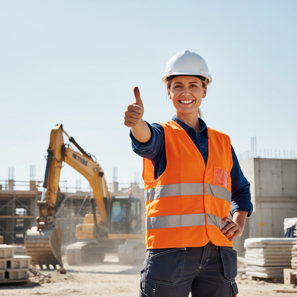 A female construction site manager wearing a hard hat and safety vest, giving a confident thumbs up and smiling, outdoors on a construction site. No logos or text on the helmet. Professional, bold, photographic style.