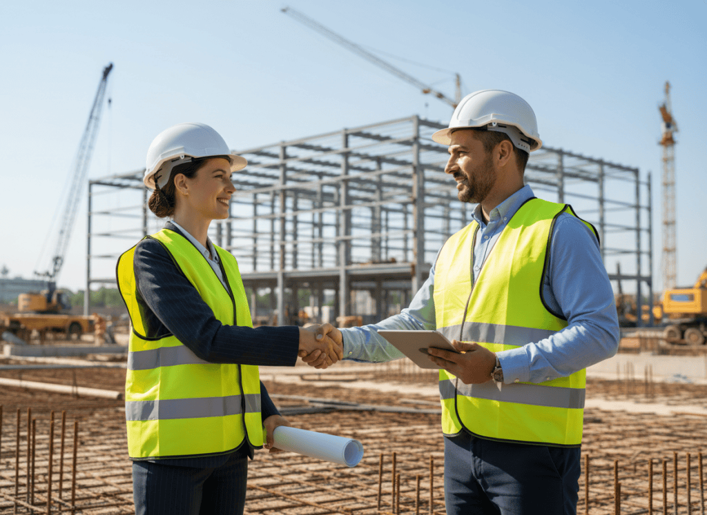 Two construction workers or business professionals in hard hats and safety vests on a construction site, shaking hands to seal a deal, natural lighting, professional atmosphere